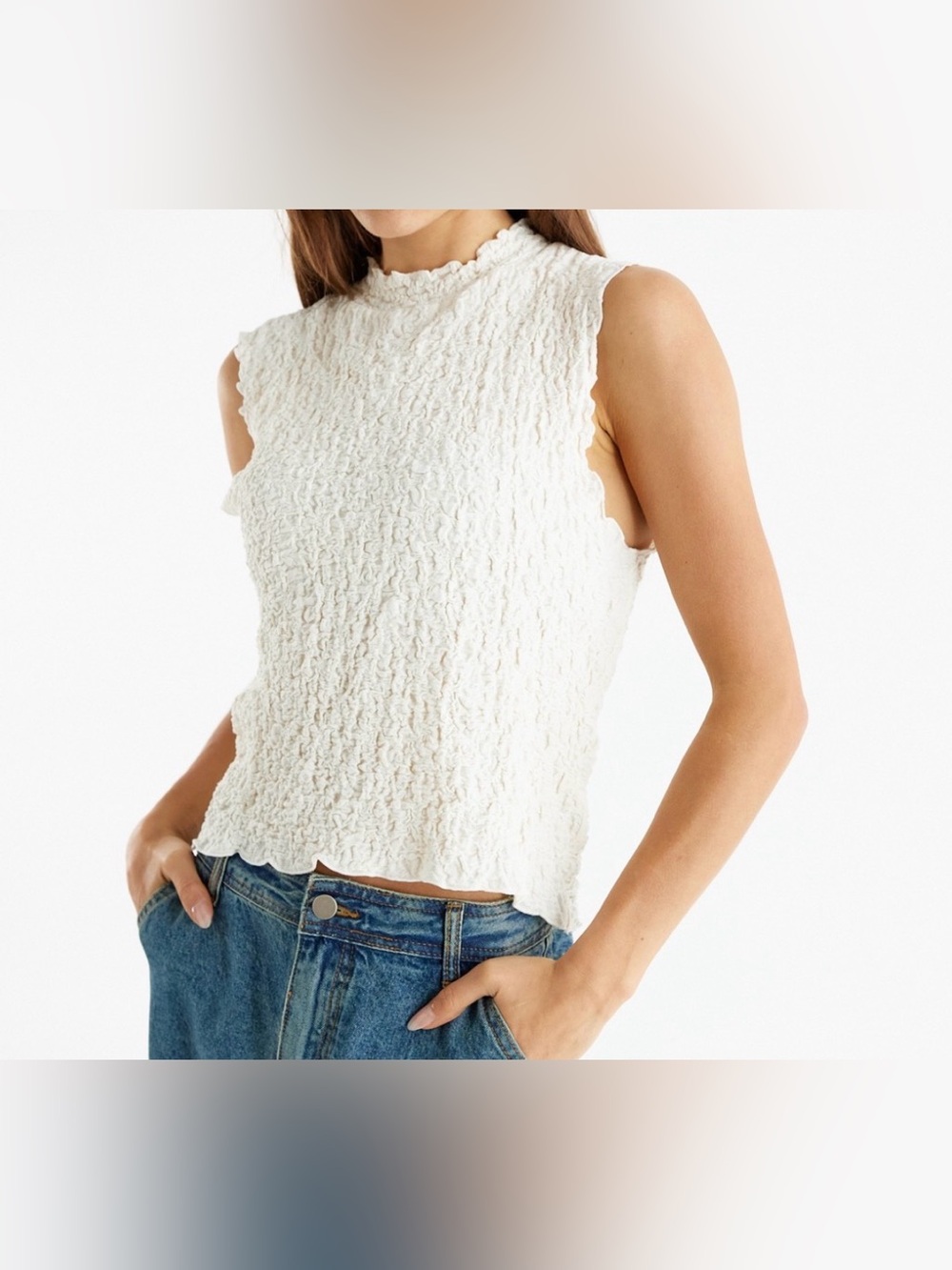 all:row MOD REF Mae Crinkle Popcorn Textured Mock Neck Tank Top Size M Cream